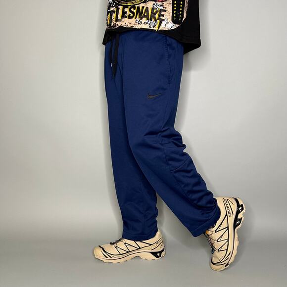 Nike Sweatpants Navy Blue Polyester Black Swoosh Baggy Wide Leg Dri Fit